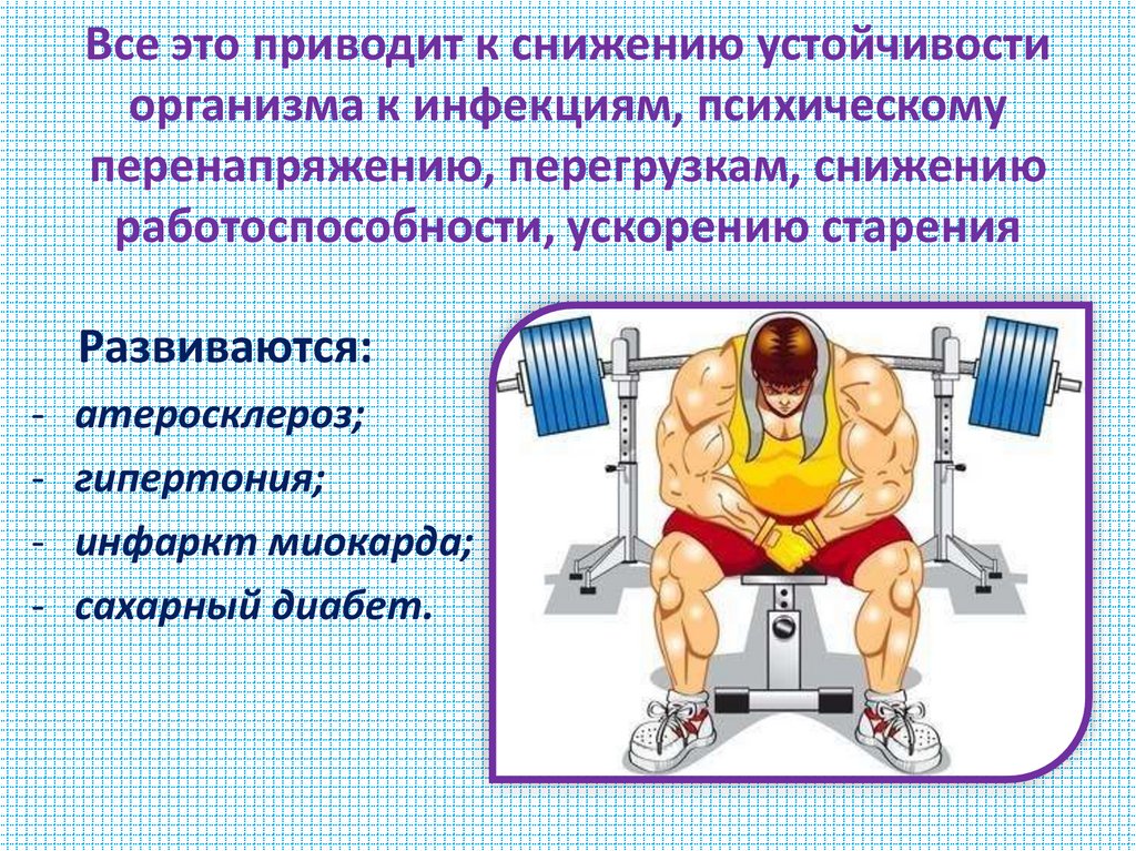 Все это приводит к снижению устойчивости организма к инфекциям, психическому перенапряжению, перегрузкам, снижению