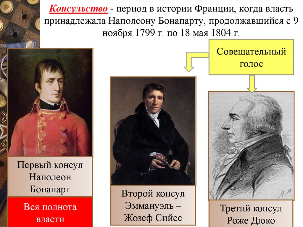 Консульство - период в истории Франции, когда власть принадлежала Наполеону Бонапарту, продолжавшийся с 9 ноября 1799 г. по 18