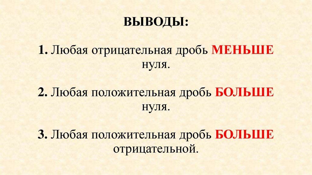ВЫВОДЫ: 1. Любая отрицательная дробь МЕНЬШЕ нуля. 2. Любая положительная дробь БОЛЬШЕ нуля. 3. Любая положительная дробь БОЛЬШЕ