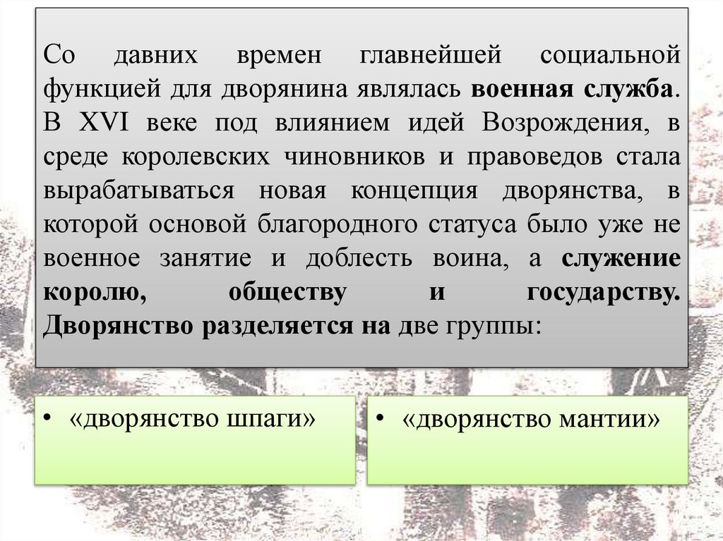 Со давних времен главнейшей социальной функцией для дворянина являлась военная служба. В XVI веке под влиянием идей