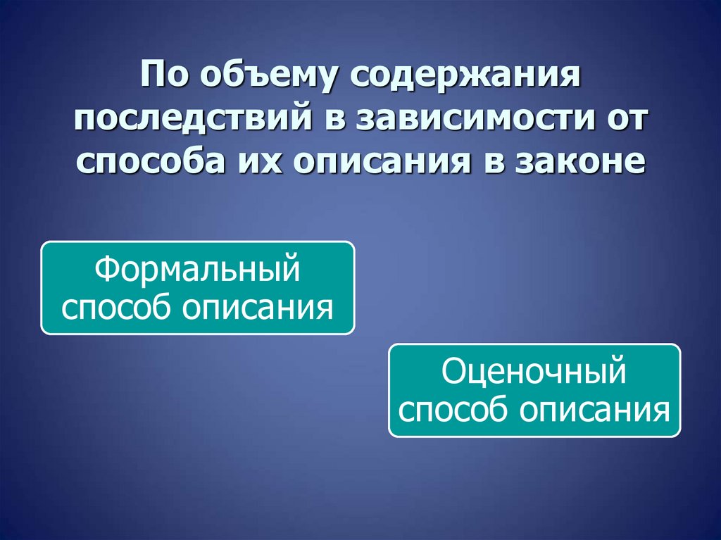 По объему содержания последствий в зависимости от способа их описания в законе