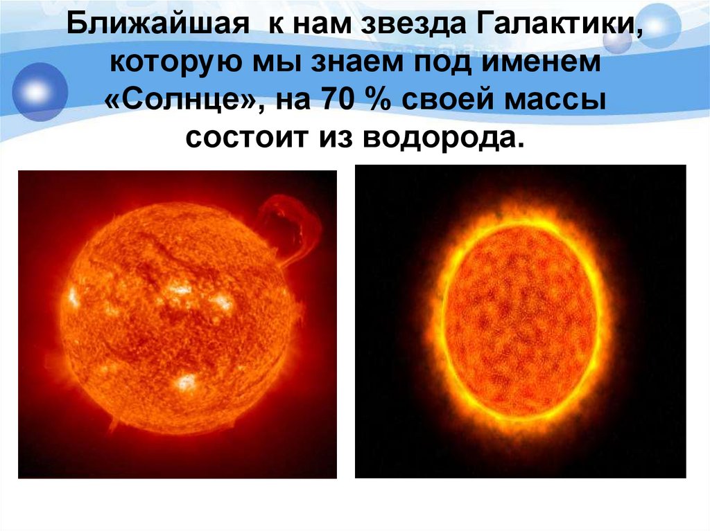 Ближайшая к нам звезда Галактики, которую мы знаем под именем «Солнце», на 70 % своей массы состоит из водорода.