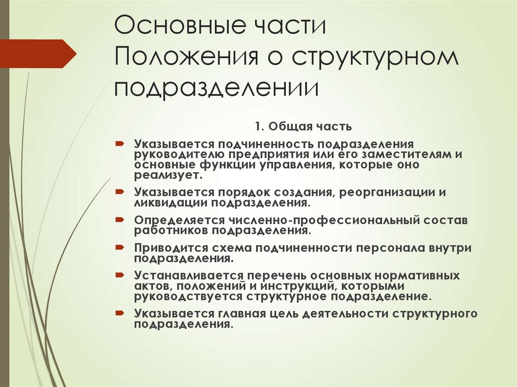 Основные части Положения о структурном подразделении