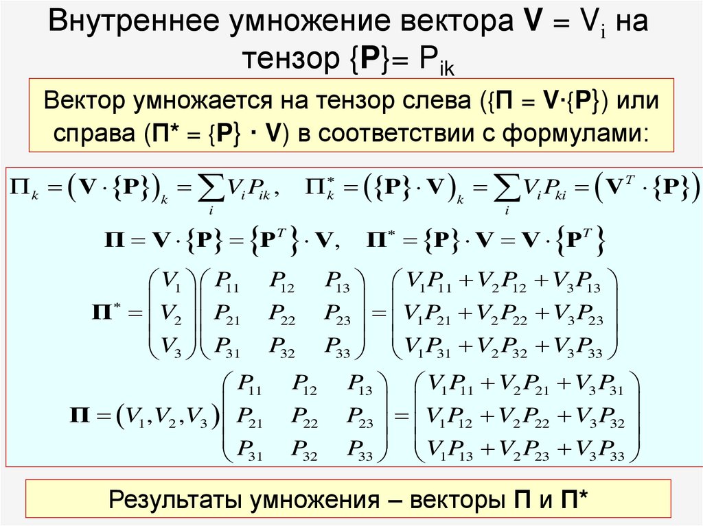 Внутреннее умножение вектора V = Vi на тензор {P}= Pik
