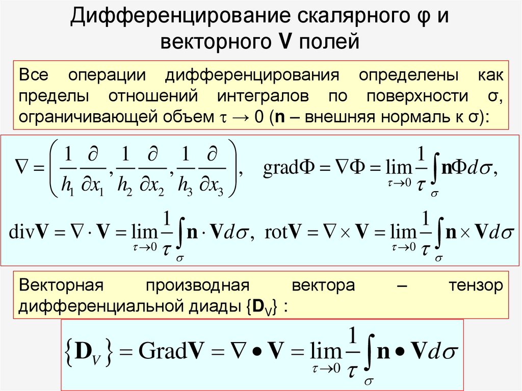 Дифференцирование скалярного φ и векторного V полей