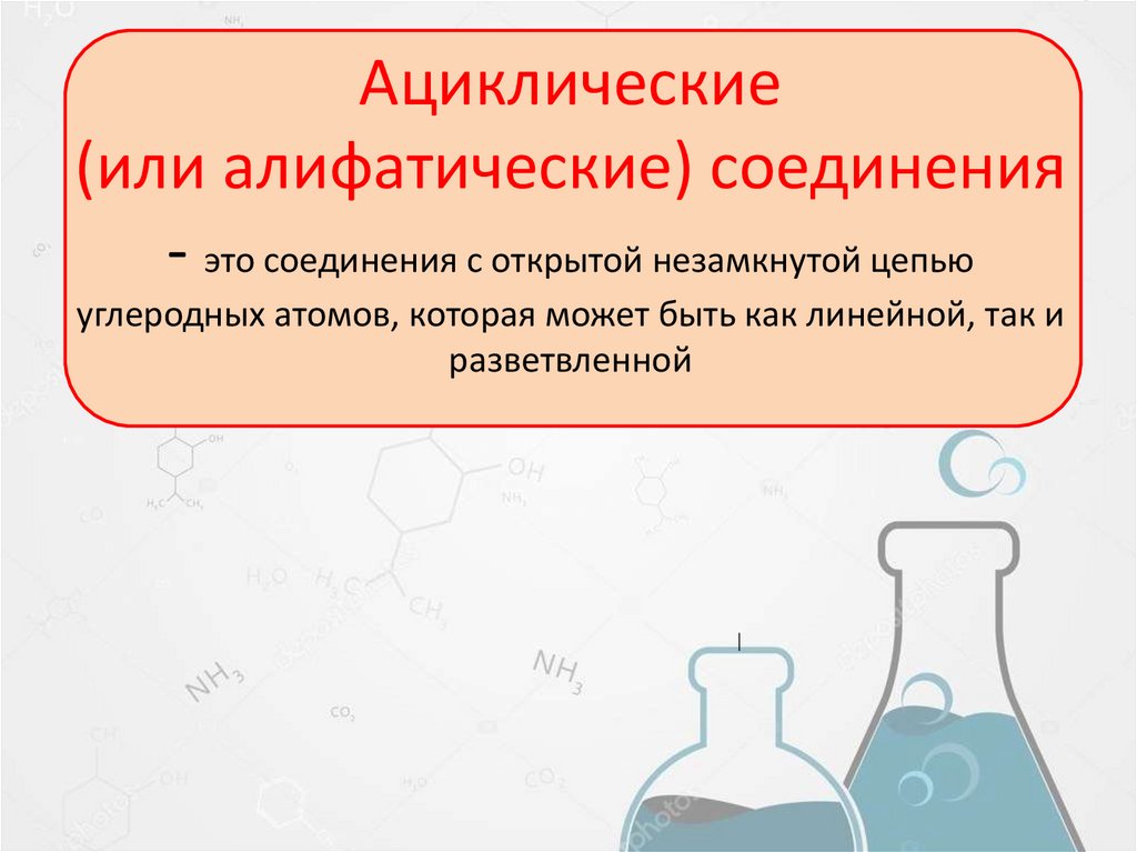 Ациклические (или алифатические) соединения - это соединения с открытой незамкнутой цепью углеродных атомов, которая может быть