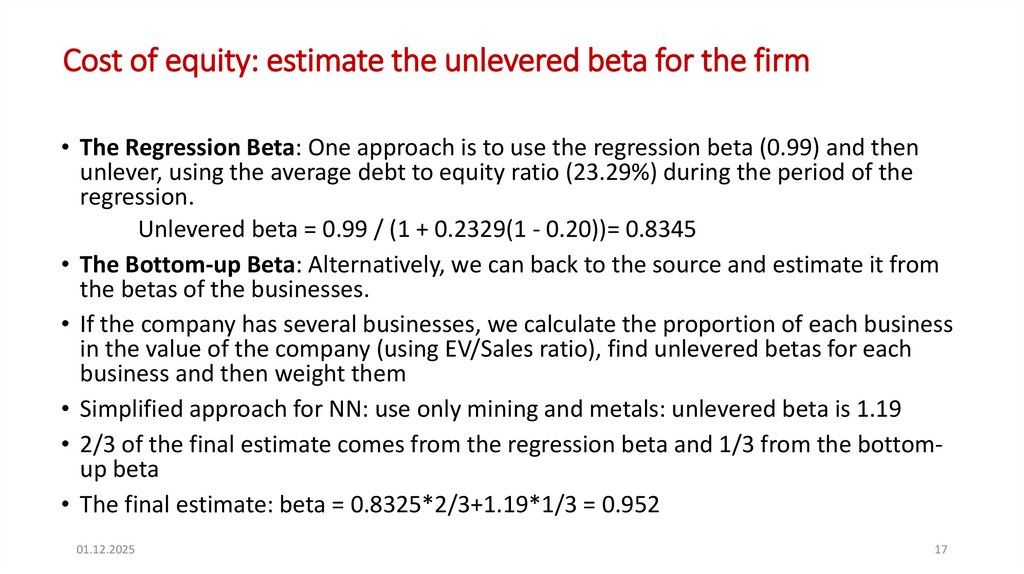 Cost of equity: estimate the unlevered beta for the firm