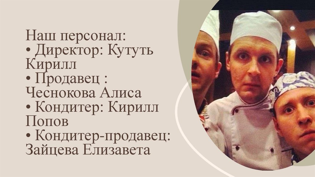 Наш персонал: • Директор: Кутуть Кирилл • Продавец : Чеснокова Алиса • Кондитер: Кирилл Попов • Кондитер-продавец: Зайцева