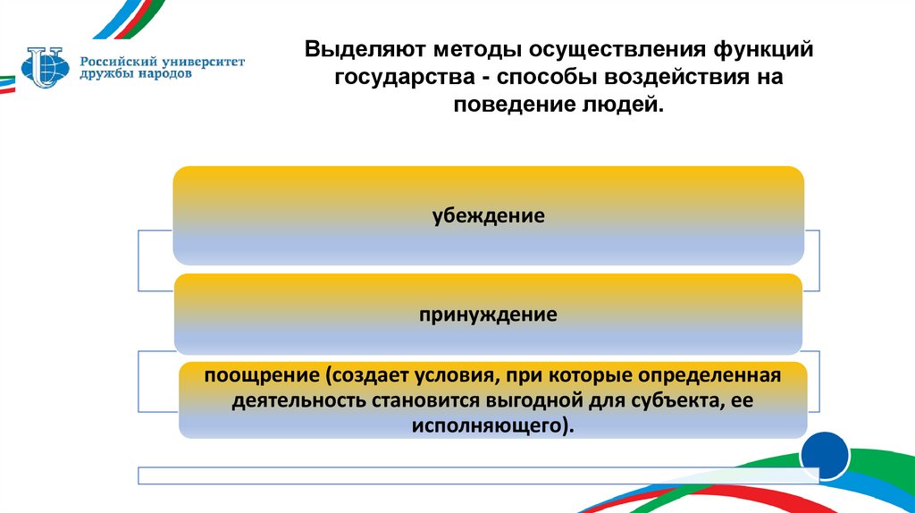 Выделяют методы осуществления функций государства - способы воздействия на поведение людей.