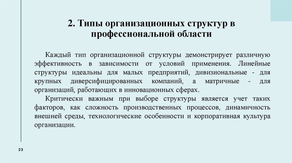 2. Типы организационных структур в профессиональной области