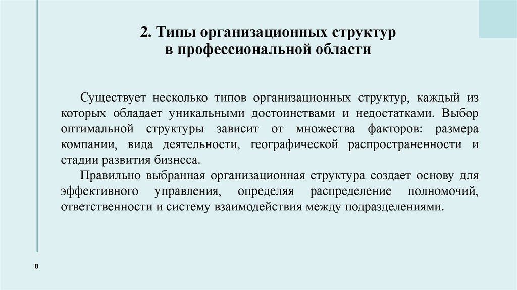 2. Типы организационных структур в профессиональной области