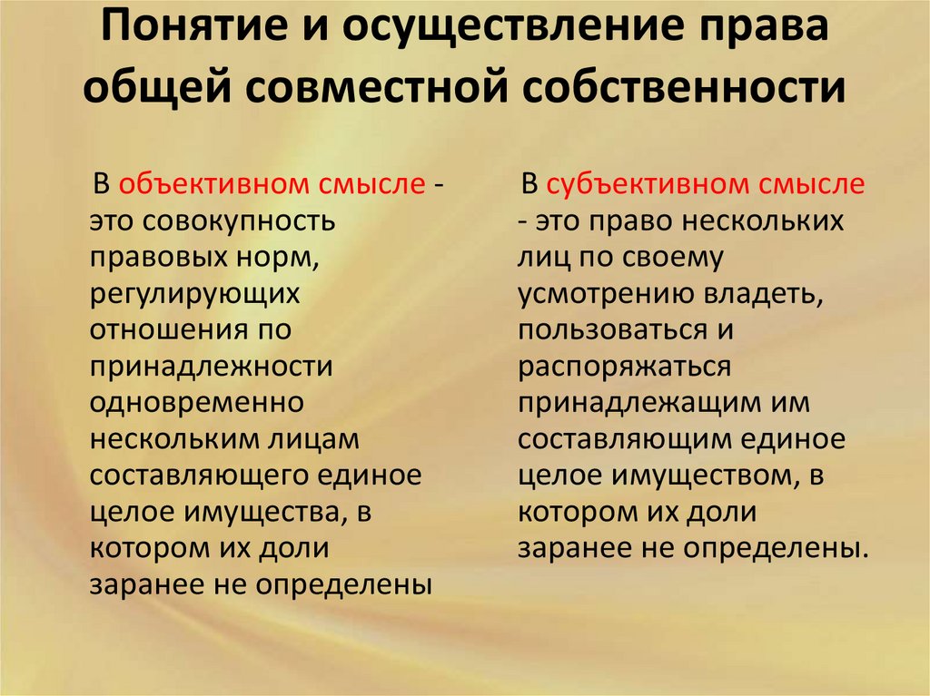 Понятие и осуществление права общей совместной собственности