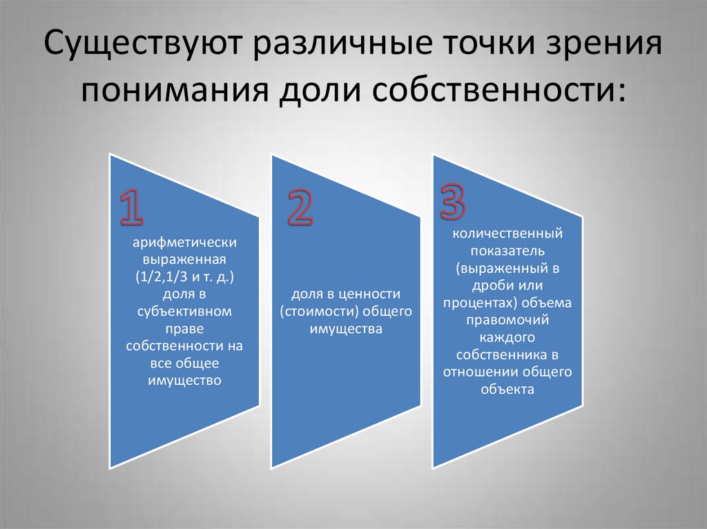 Существуют различные точки зрения понимания доли собственности:
