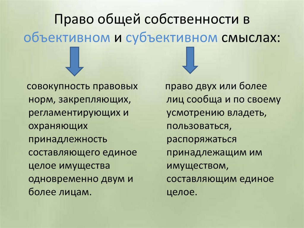 Право общей собственности в объективном и субъективном смыслах: