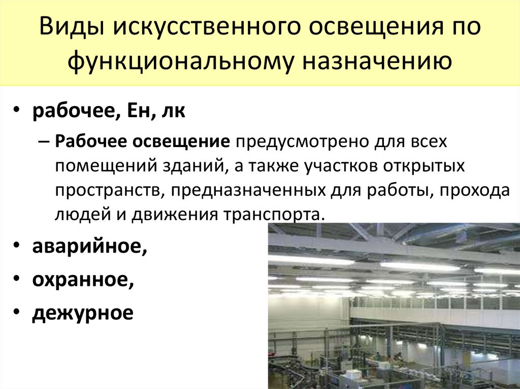 Виды искусственного освещения по функциональному назначению