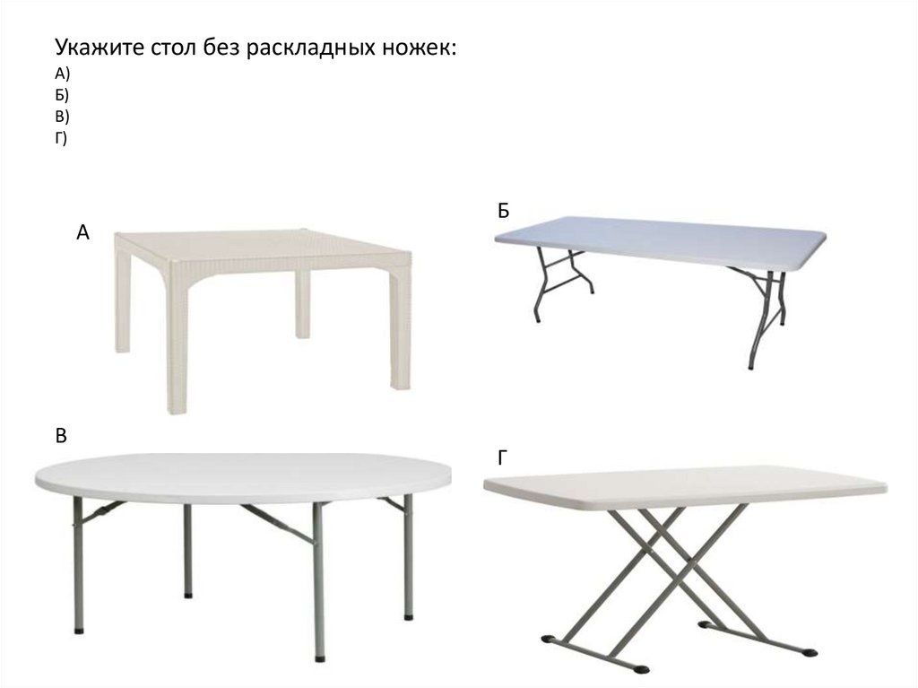 Укажите стол без раскладных ножек: А) Б) В) Г)
