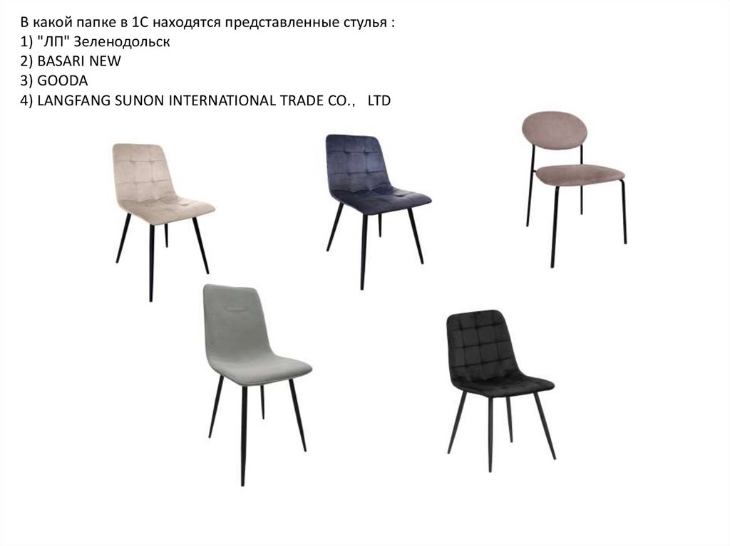 В какой папке в 1С находятся представленные стулья : 1) "ЛП" Зеленодольск 2) BASARI NEW 3) GOODA 4) LANGFANG SUNON