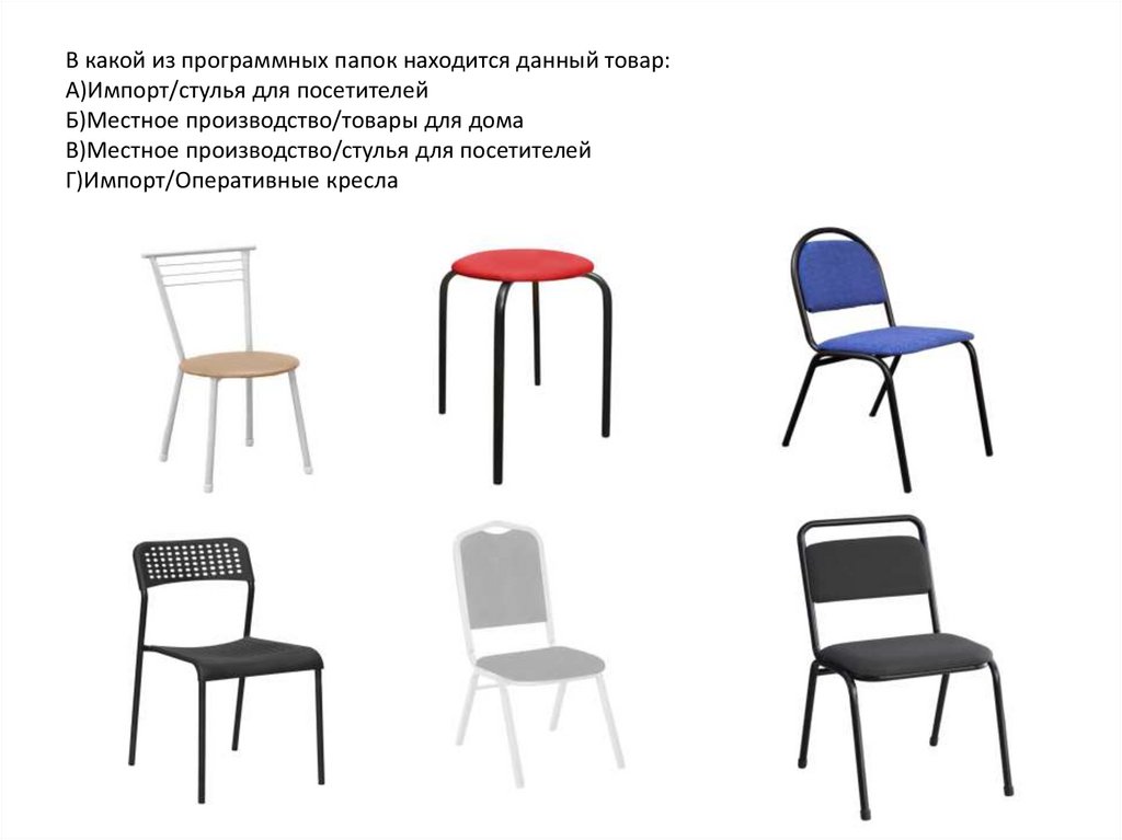 В какой из программных папок находится данный товар: А)Импорт/стулья для посетителей Б)Местное производство/товары для дома