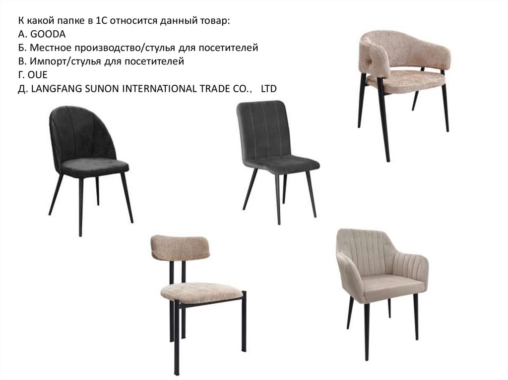 К какой папке в 1С относится данный товар: А. GOODA Б. Местное производство/стулья для посетителей В. Импорт/стулья для