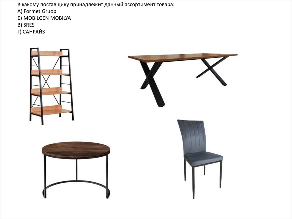 К какому поставщику принадлежит данный ассортимент товара: А) Formet Gruop Б) MOBILGEN MOBILYA В) SRES Г) САНРАЙЗ