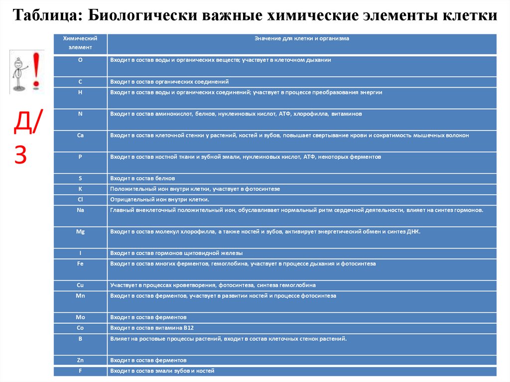 Таблица: Биологически важные химические элементы клетки