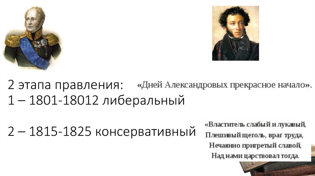 2 этапа правления: 1 – 1801-18012 либеральный 2 – 1815-1825 консервативный