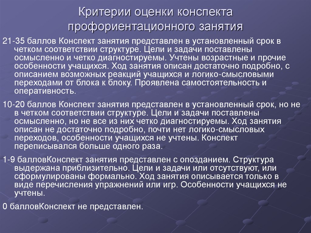 Критерии оценки конспекта профориентационного занятия