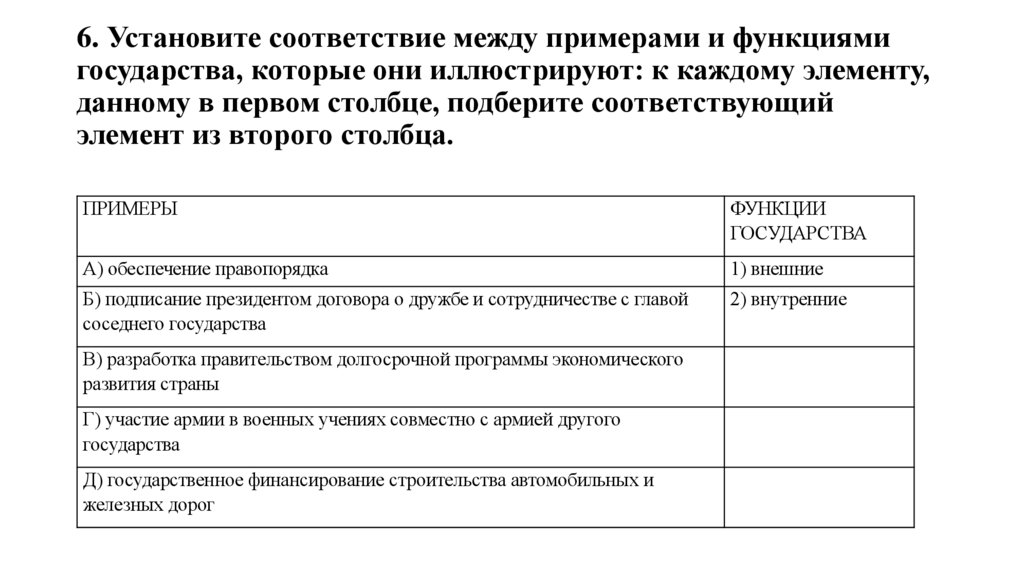 6. Установите соответствие между примерами и функциями государства, которые они иллюстрируют: к каждому элементу, данному в