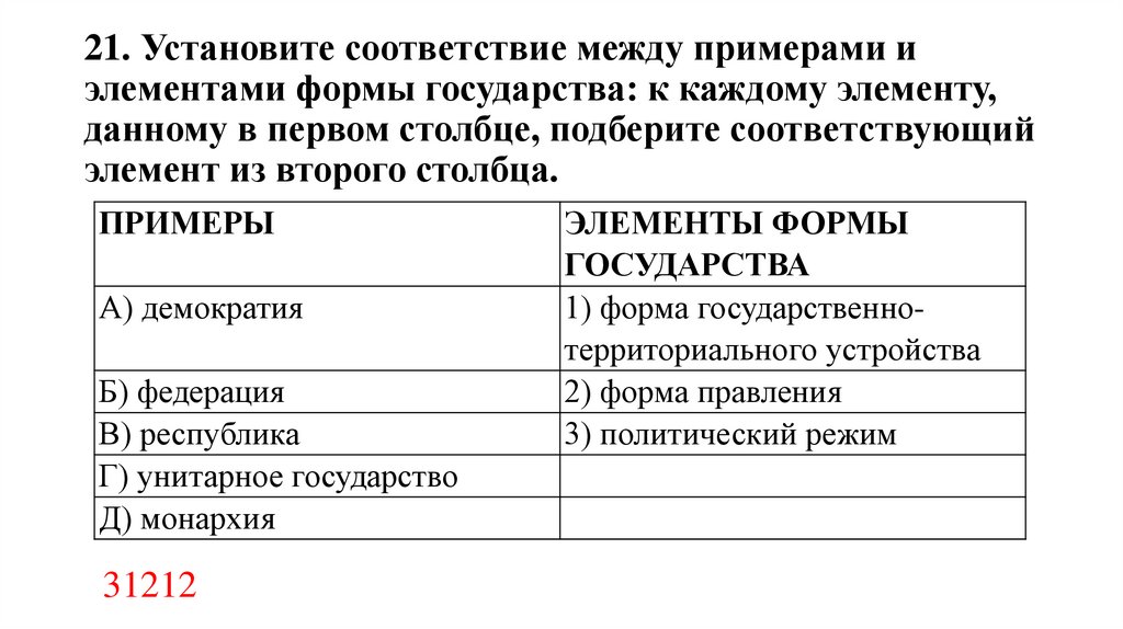 21. Установите соответствие между примерами и элементами формы государства: к каждому элементу, данному в первом столбце,