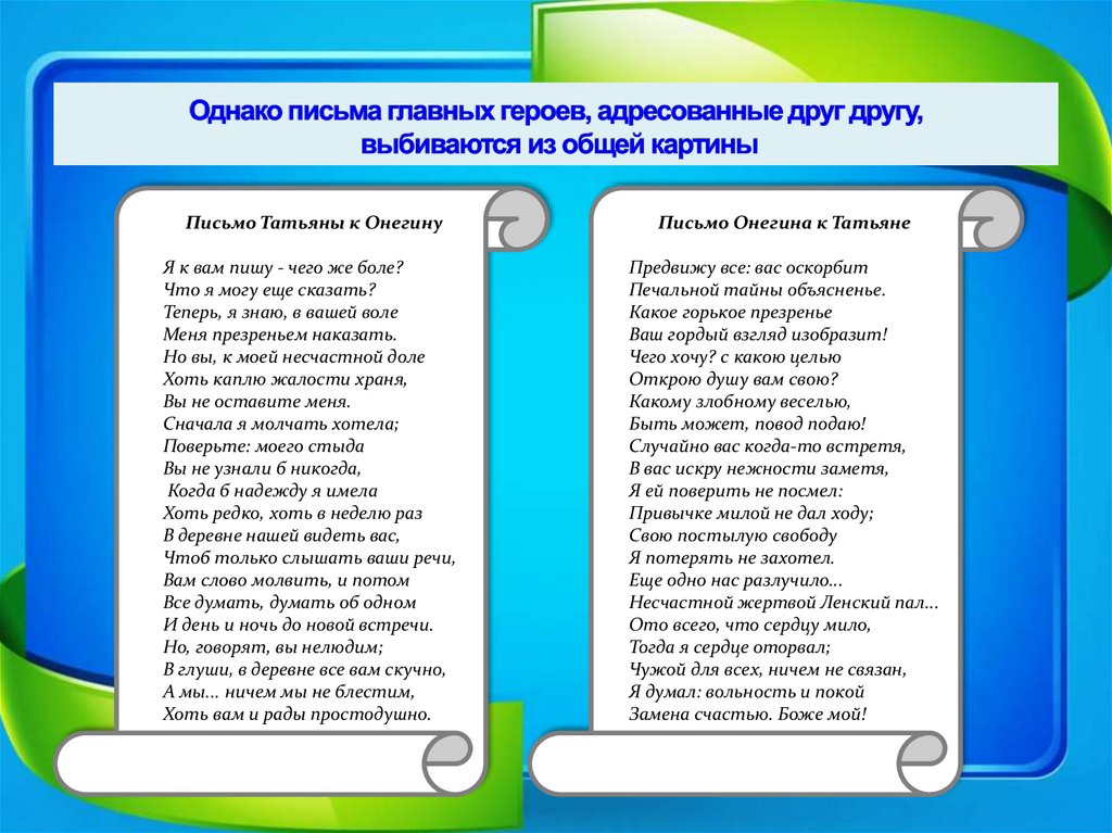 Однако письма главных героев, адресованные друг другу, выбиваются из общей картины