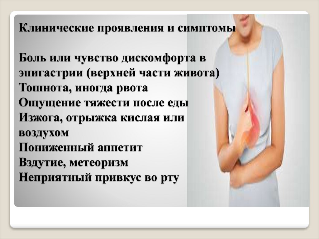 Клинические проявления и симптомы Боль или чувство дискомфорта в эпигастрии (верхней части живота) Тошнота, иногда рвота
