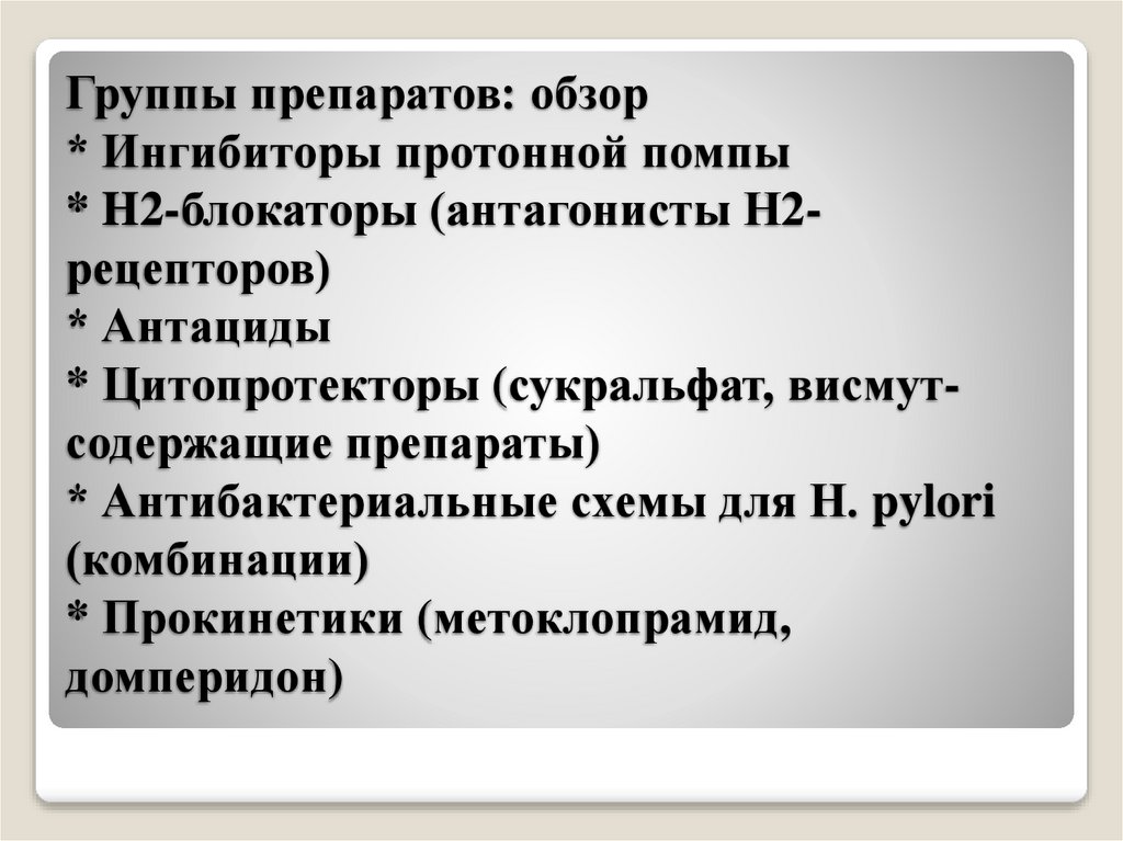 Группы препаратов: обзор * Ингибиторы протонной помпы * H2‑блокаторы (антагонисты H2-рецепторов) * Антациды * Цитопротекторы