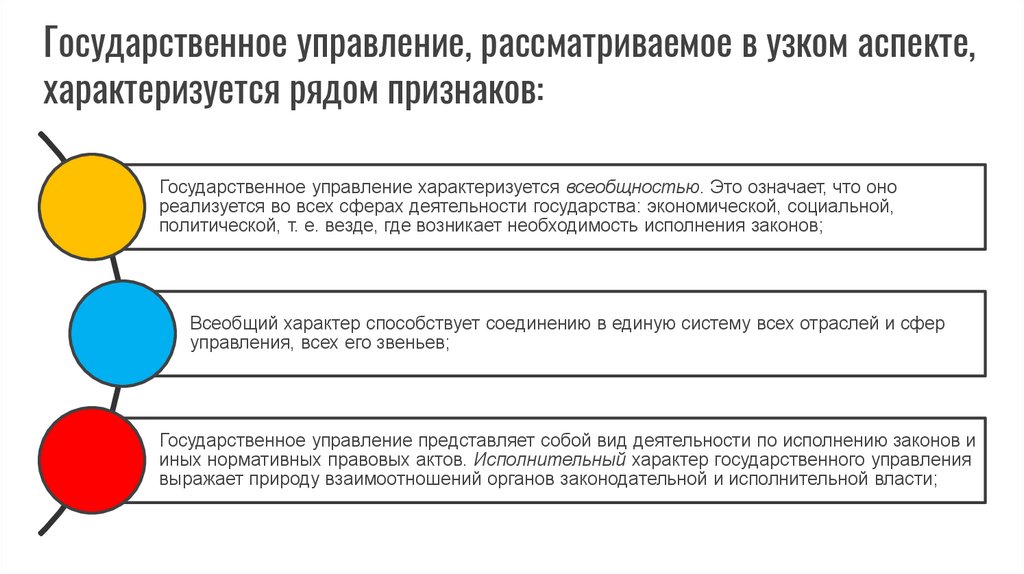 Государственное управление, рассматриваемое в узком аспекте, характеризуется рядом признаков: