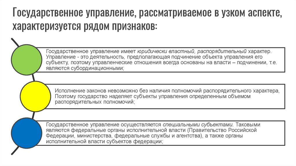 Государственное управление, рассматриваемое в узком аспекте, характеризуется рядом признаков:
