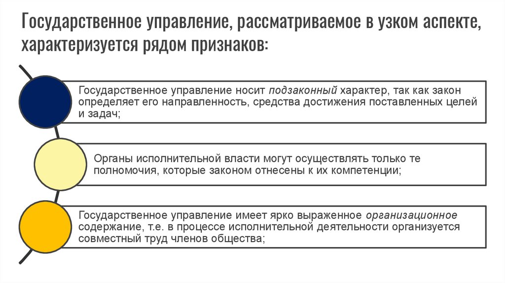 Государственное управление, рассматриваемое в узком аспекте, характеризуется рядом признаков: