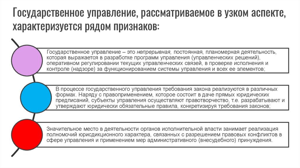 Государственное управление, рассматриваемое в узком аспекте, характеризуется рядом признаков: