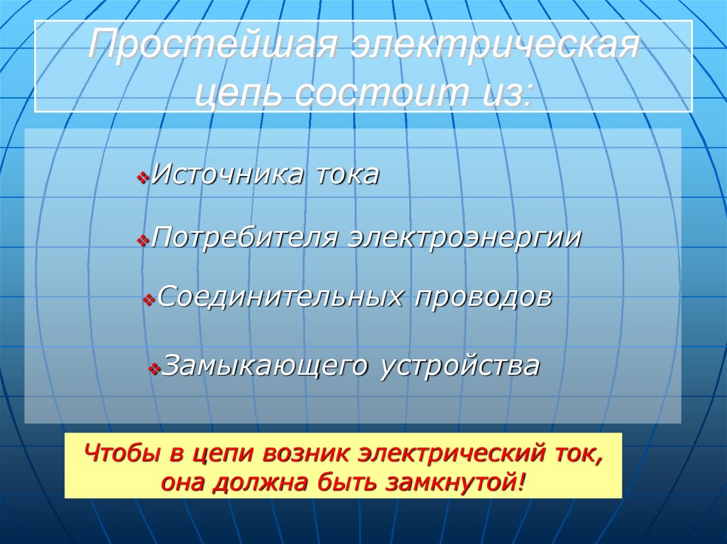 Простейшая электрическая цепь состоит из: