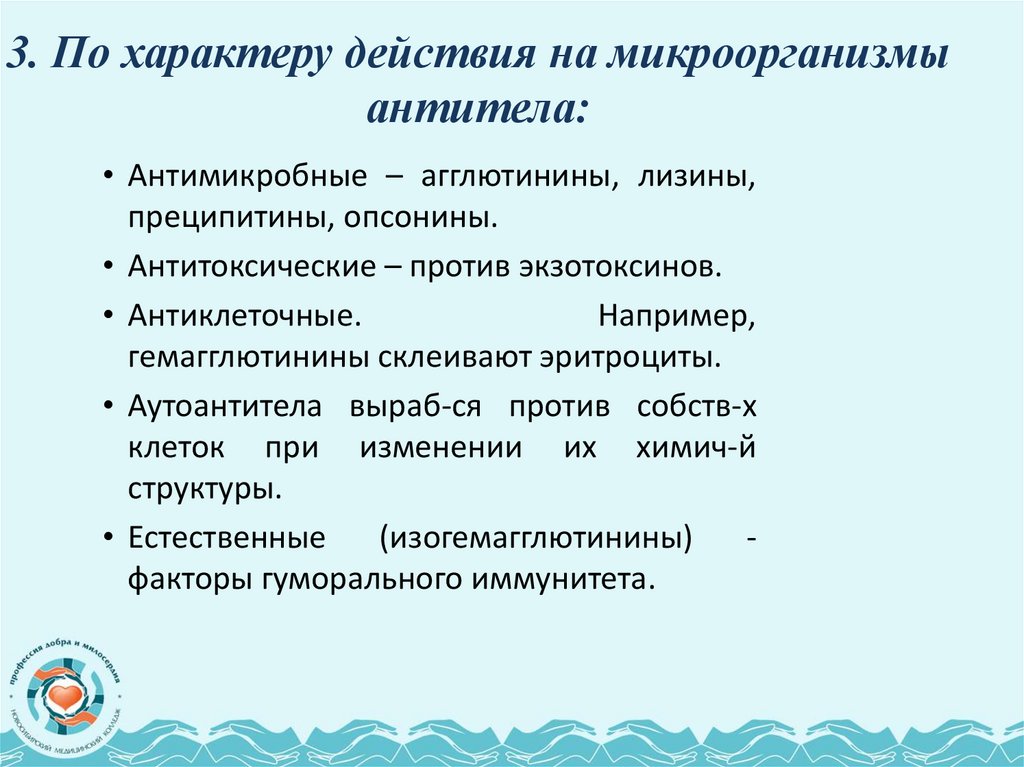 3. По характеру действия на микроорганизмы антитела:
