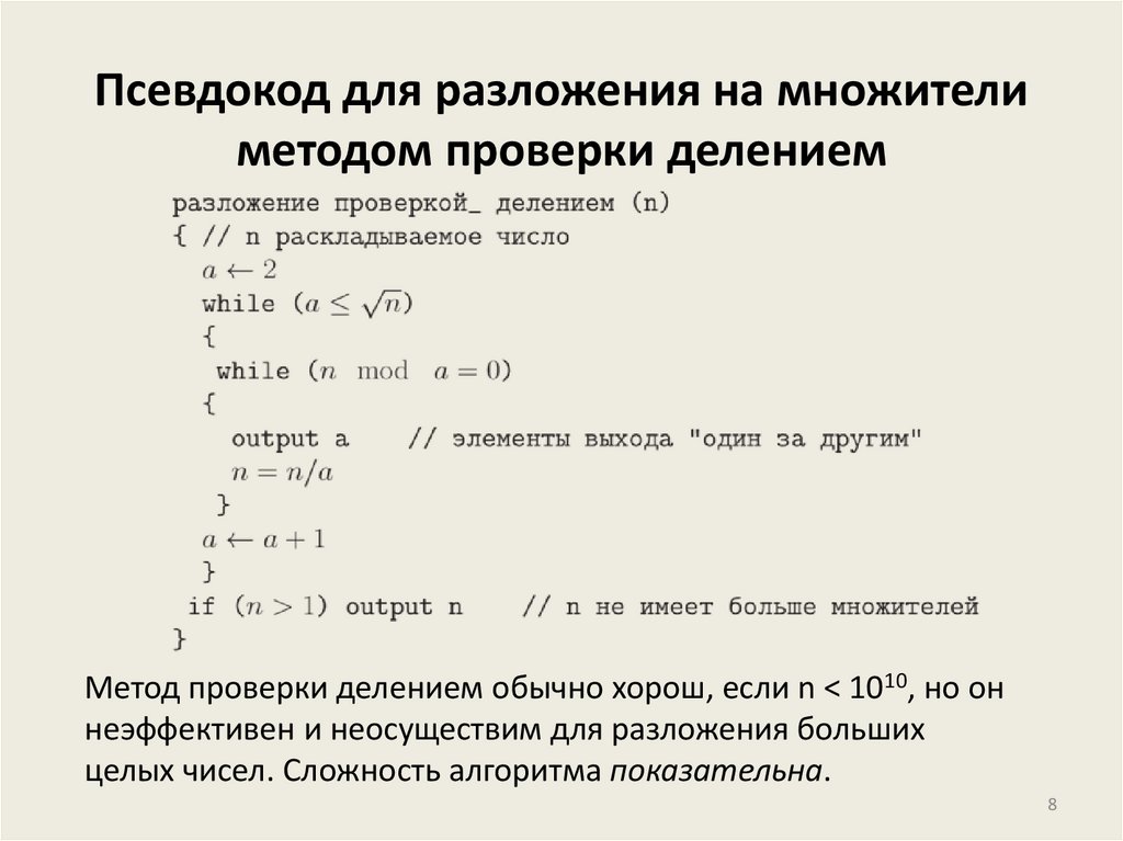 Псевдокод для разложения на множители методом проверки делением
