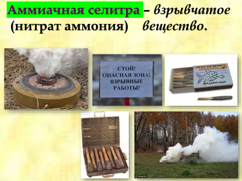 Аммиачная селитра – взрывчатое (нитрат аммония) вещество.