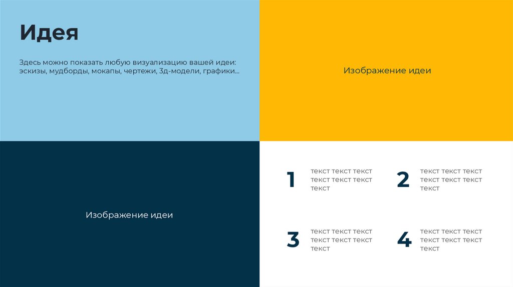 Идея Здесь можно показать любую визуализацию вашей идеи: эскизы, мудборды, мокапы, чертежи, 3д-модели, графики…