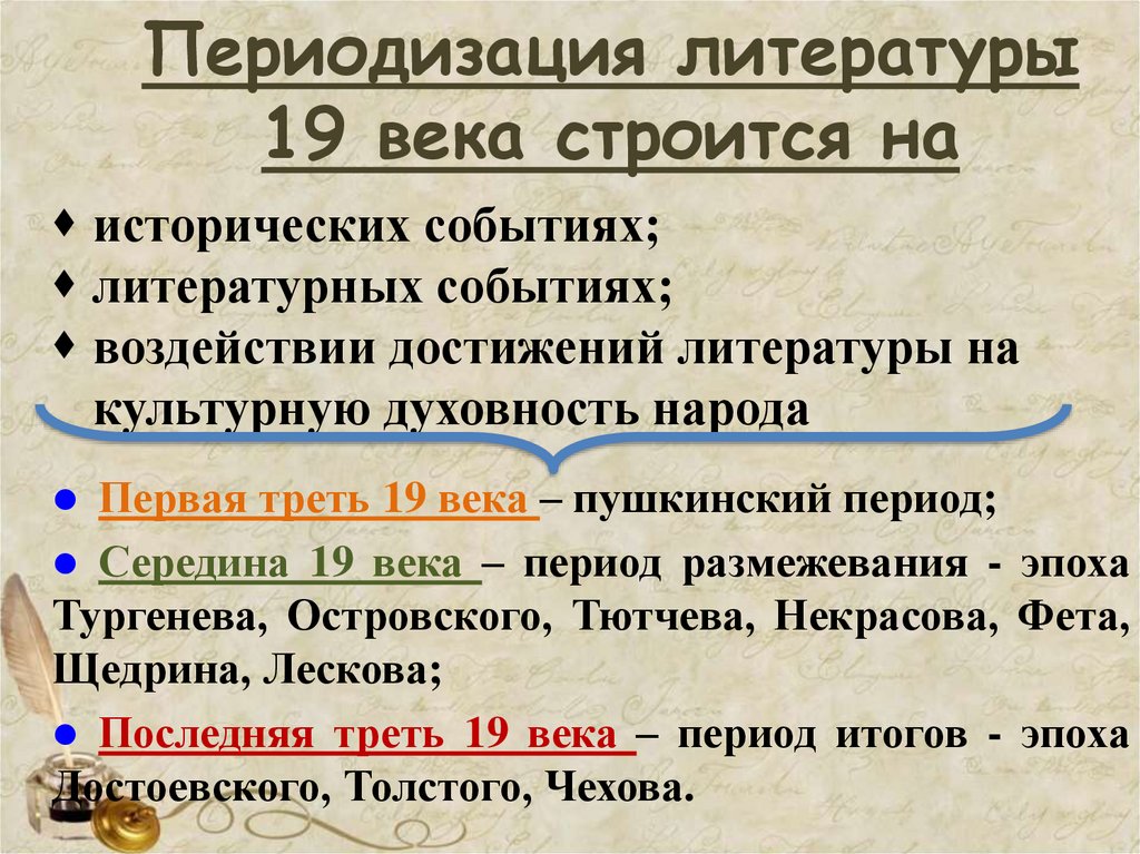 Периодизация литературы 19 века строится на