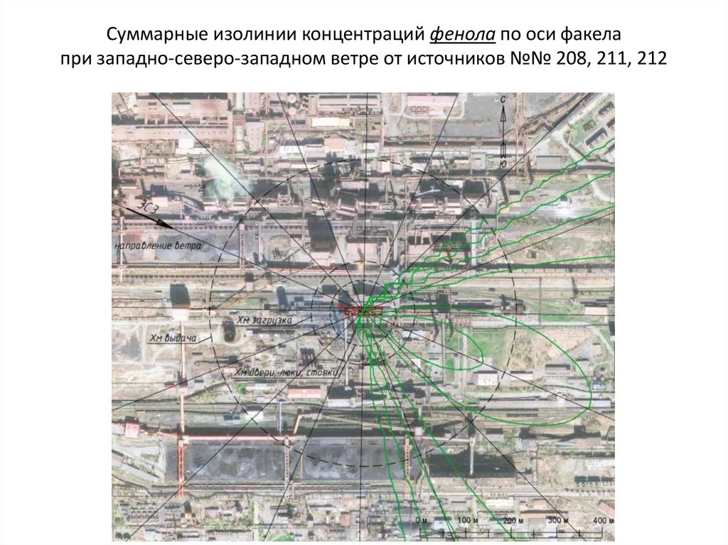 Суммарные изолинии концентраций фенола по оси факела при западно-северо-западном ветре от источников №№ 208, 211, 212