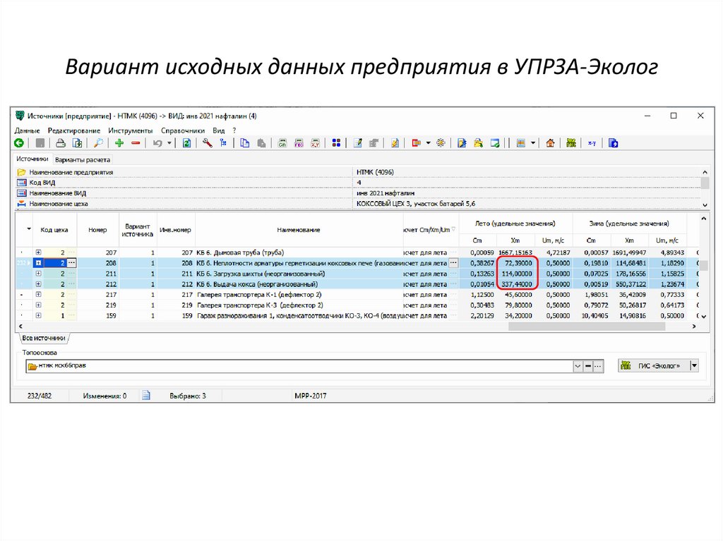 Вариант исходных данных предприятия в УПРЗА-Эколог