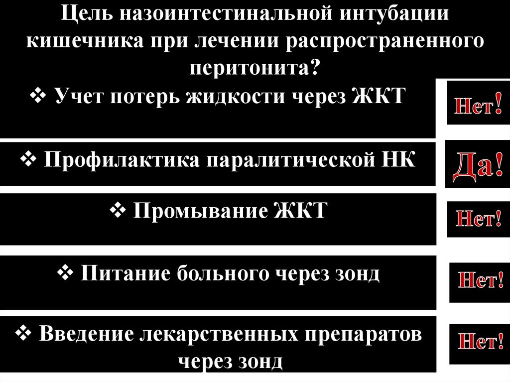 Цель назоинтестинальной интубации кишечника при лечении распространенного перитонита?