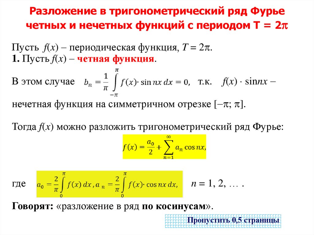 Разложение в тригонометрический ряд Фурье четных и нечетных функций с периодом Т = 2