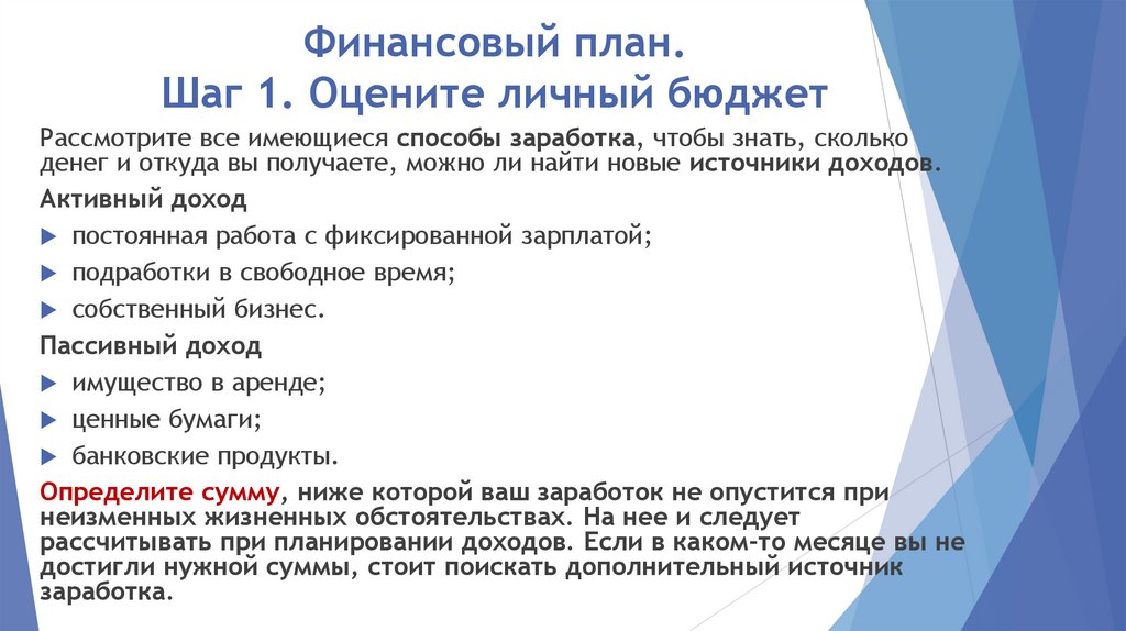 Финансовый план. Шаг 1. Оцените личный бюджет