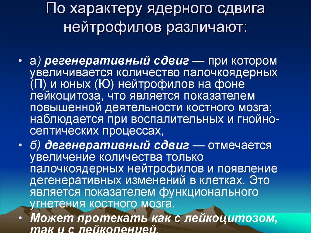 По характеру ядерного сдвига нейтрофилов различают: