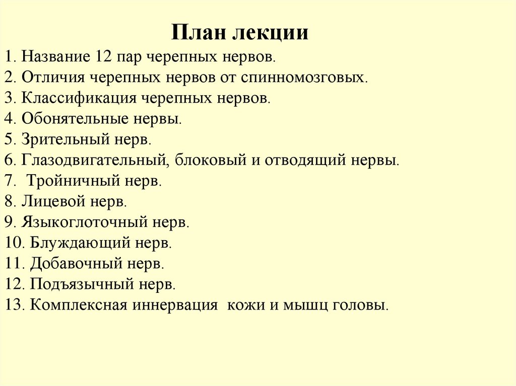 План лекции 1. Название 12 пар черепных нервов. 2. Отличия черепных нервов от спинномозговых. 3. Классификация черепных нервов.