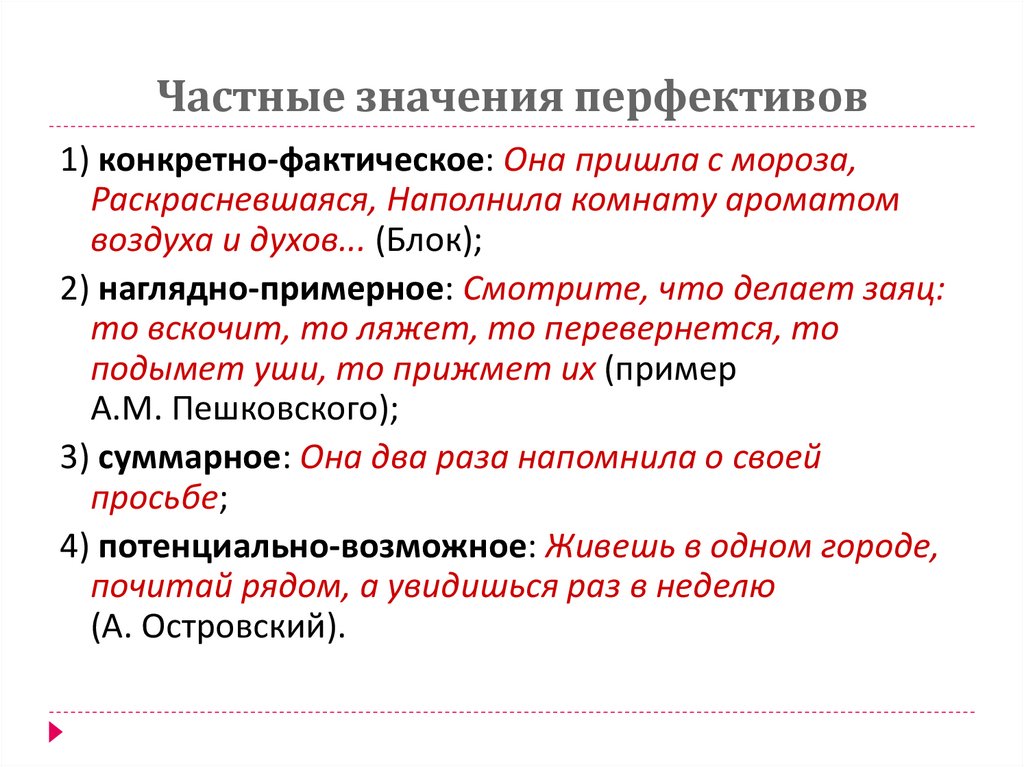 Частные значения перфективов